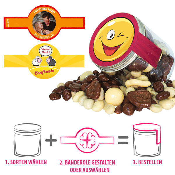 Schokolierter Nuss-Früchte-Mix im Tiegel (150 g) mit Banderole (Kurzes MHD: 10.09.2025)