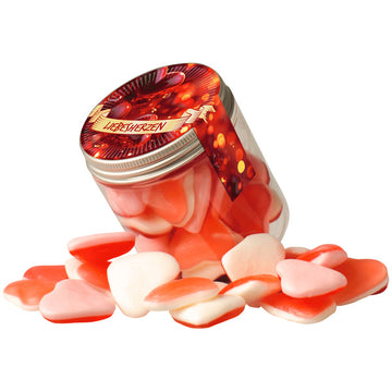 Dreifarbige Herzen im Tiegel (150 g) mit Banderole